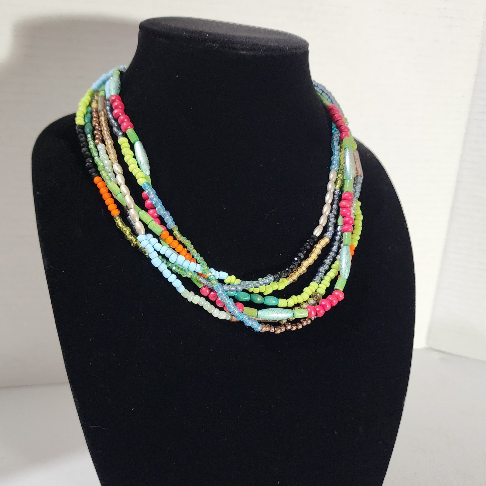 Boho Multi Strand Beaded Necklace Colorful Glass Wood Layered Bib Statement